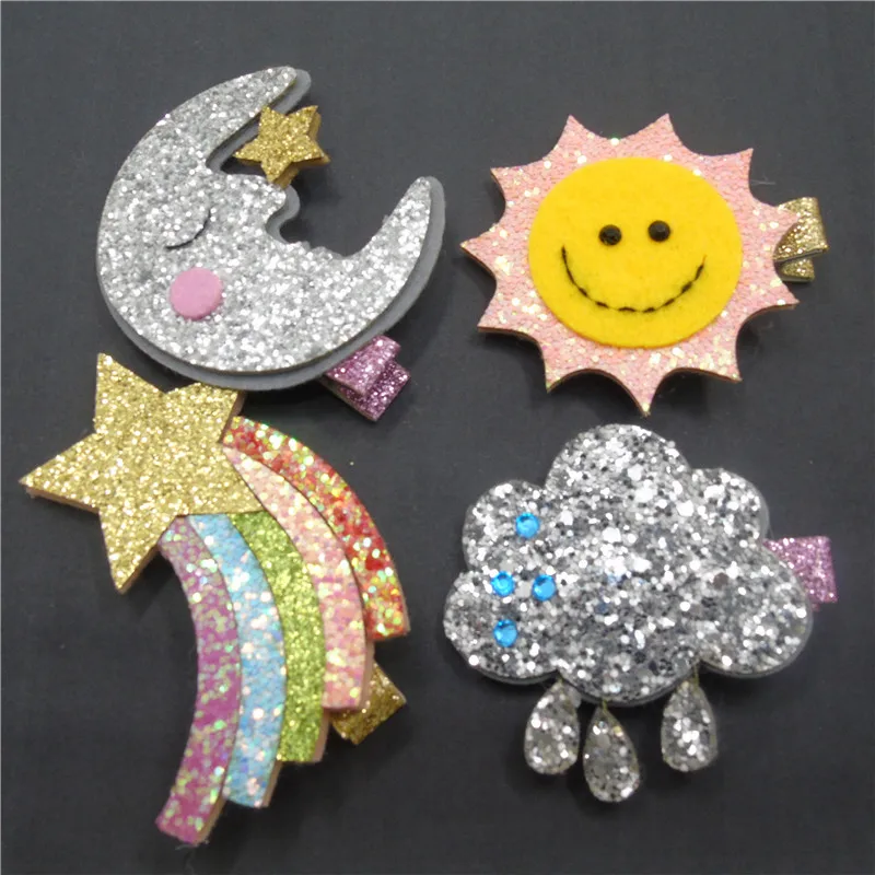 

20pc/lot Glitter Sun and Moon Hairpin Leather Star Rainbow Silver Sparkly Kid Hair Barrette Felt Cloud Kids Pretty Hair Clips