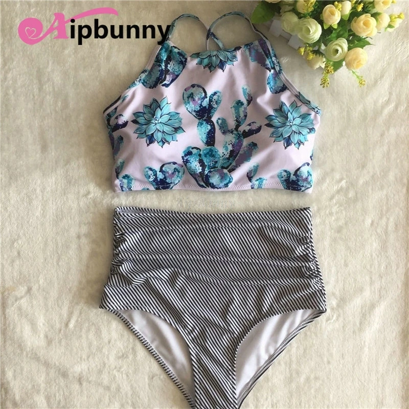 

Aipbunny Cactus Printed High Waisted Stripe Bikinis Set Maillot De Bain Femme 2018 Bathing Suit Swimwear Women Swimsuit biquini