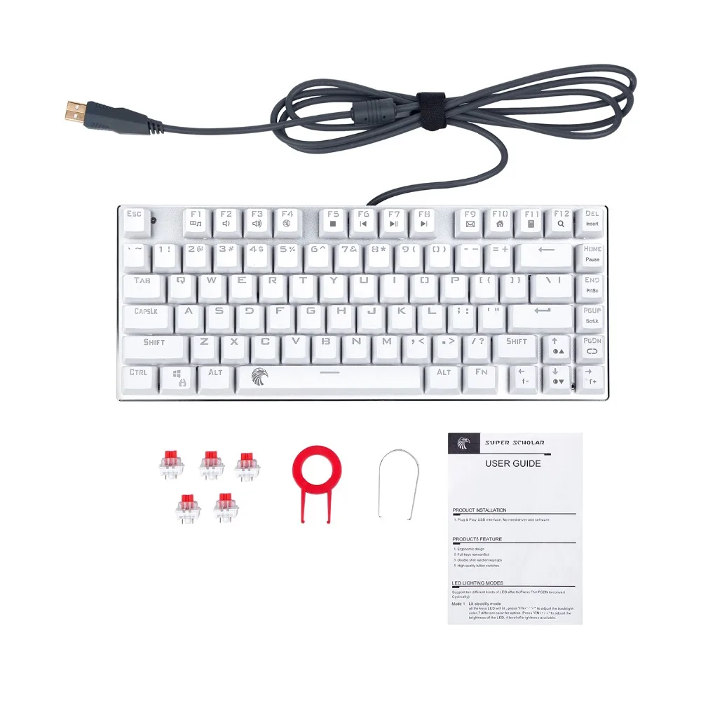Mechanical keyboard smooth line red switch 81 keys RGB backlight white game keyboard compact design