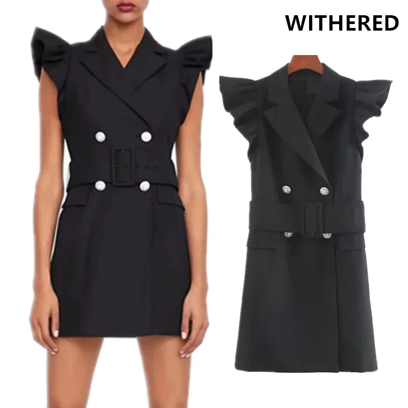 

Withered dress women high street ruffles double breasted sleeveless vestidos summer dress blazers dress 2 piece set plus size