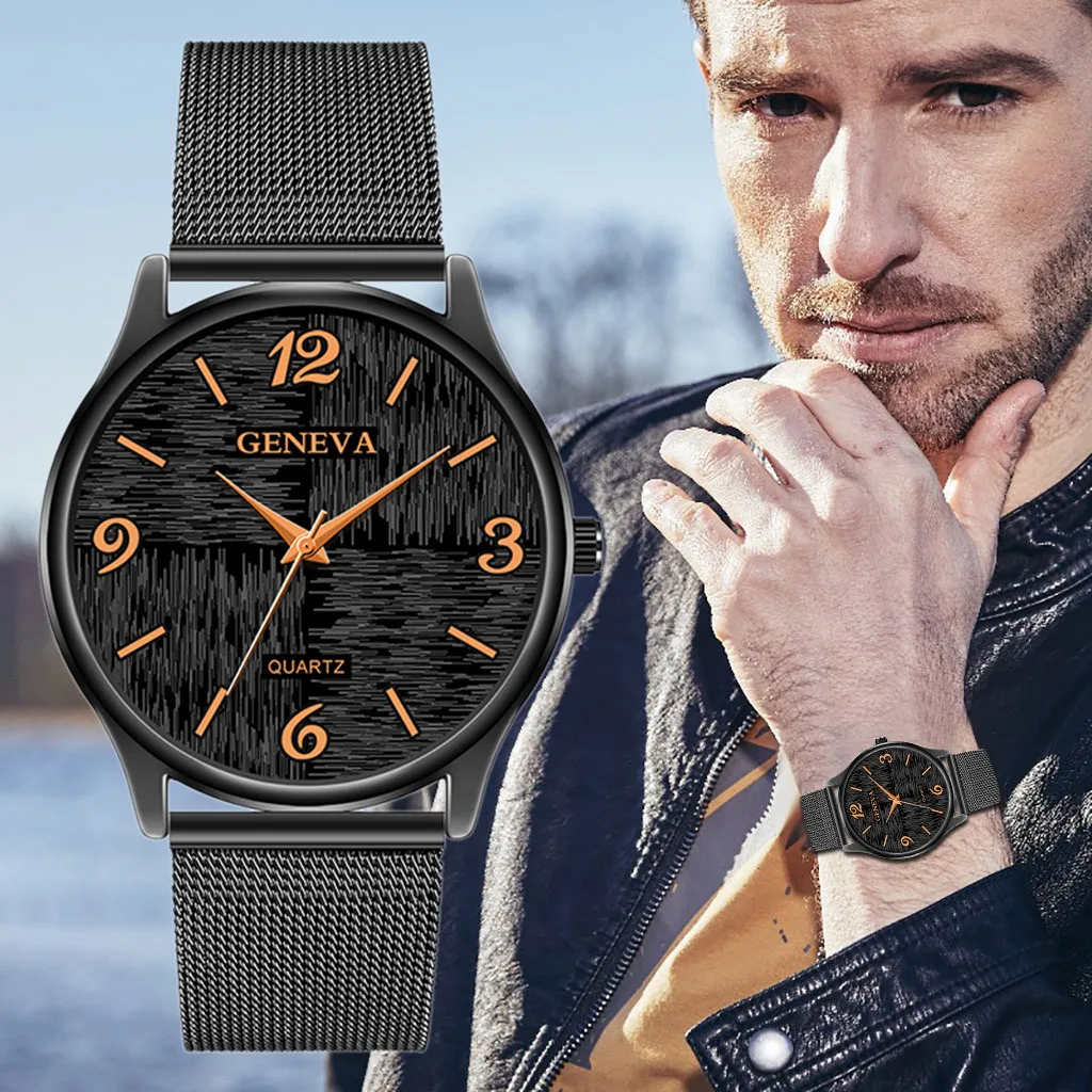 

Fashion Cool Unique Digital Literal Multi Layer Dial Men Quartz Mesh Belt Watch Wristwatches Quartz Classic Analog Watches