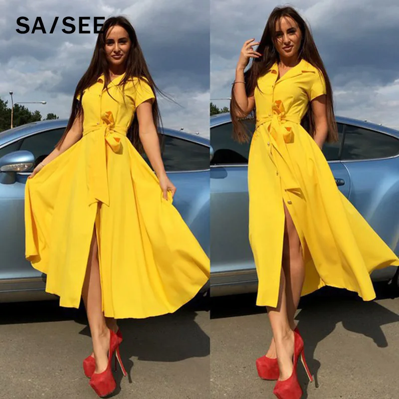 

Women Front belt Button Down Split Dress Sexy Deep V Neck mid-calf long Sleeve Vintage Dress 2019 spring solid party dress