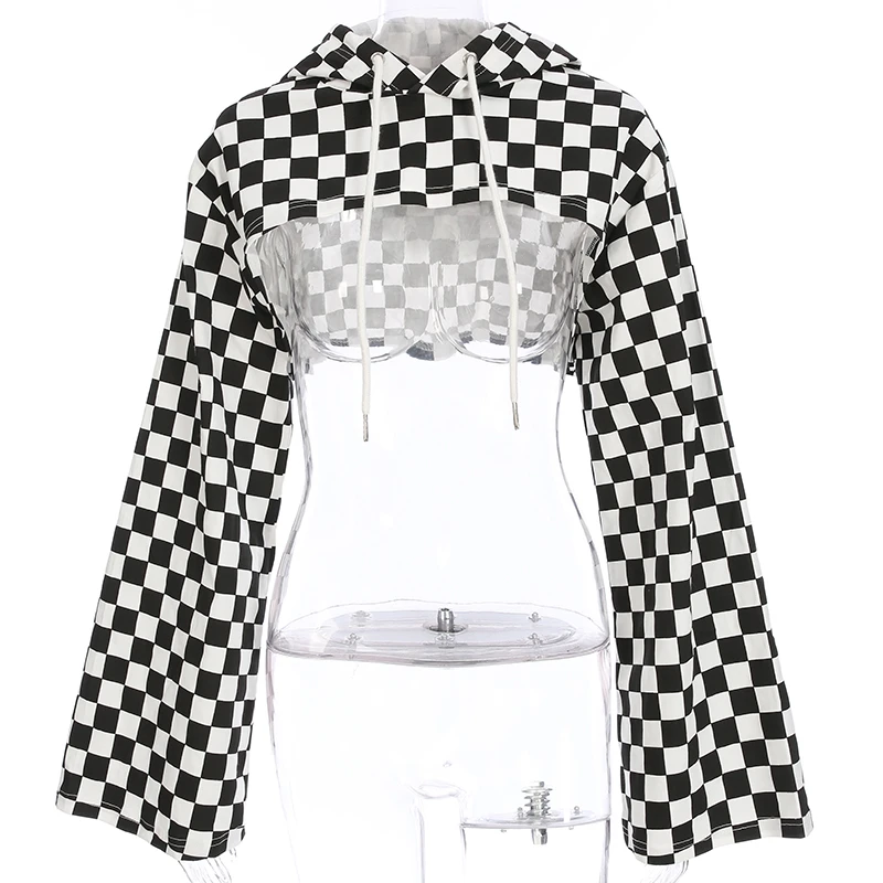 TVVOVVIN, уличная одежда размера плюс, короткий топ с расклешенными рукавами, футболка, шахматная толстовка, женская футболка, летние топы для женщин Q313