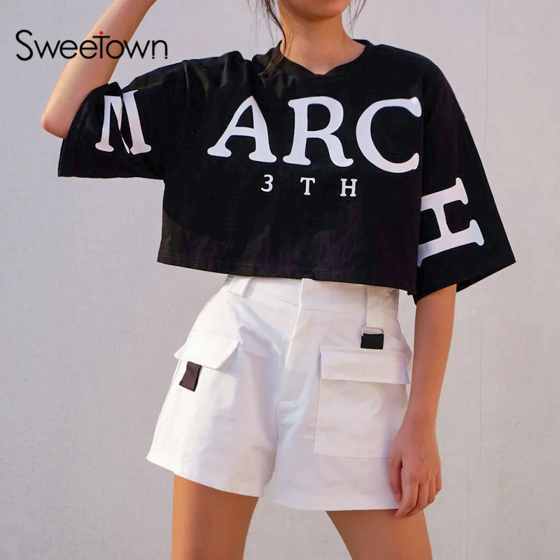 Sweetown Korean Style Oversized T Shirt Women Black Short 