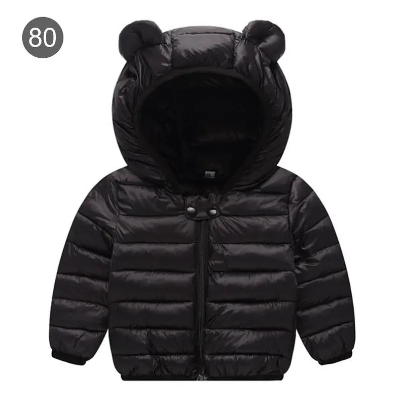 Куртка для маленьких девочек и мальчиков г. Осенне-зимняя куртка для девочек, пальто детская теплая верхняя одежда с капюшоном детская одежда детская шапка с ушками - Цвет: Black 80cm