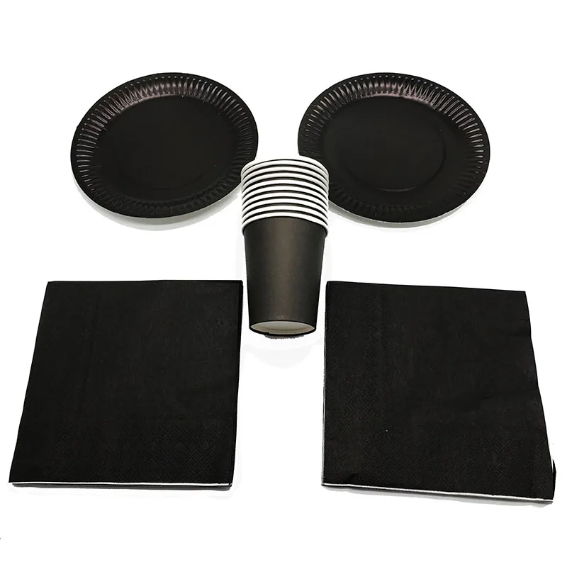

60PCS/LOT BLACK THEME DISPOSABLE PLATES CUPS NAPKINS SOLID COLOR DISPOSABLE NAPKINS CUPS PLATES BLACK PARTY SET 20 PEOPLE USE