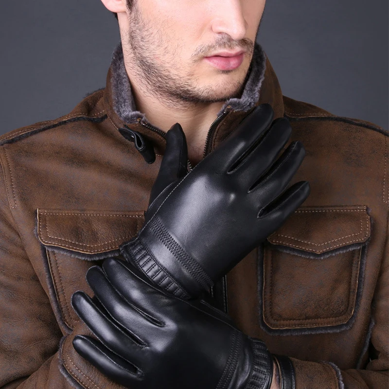 Mens Plus Velvet Black Thick Warm Riding 100 Genuine Sheepskin Leather