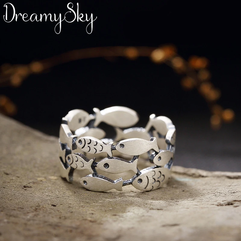 

Romantic Style New Luxury 925 Sterling Silver Fish Rings For Women Wedding Retro Adjustable Size Ring Party Gifts