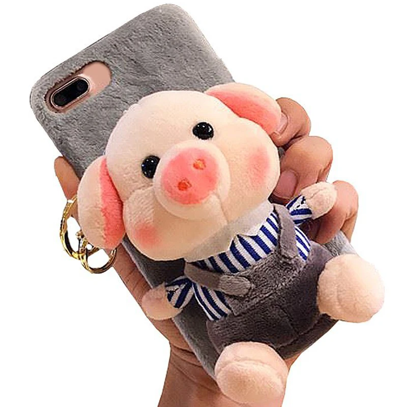 

Cartoon Doll Toy Piggy Phone Case, 3d Cute Stripes Plush Strap Pig Soft Cover with Bracket Stand for iPhone 6 6s Case Cover