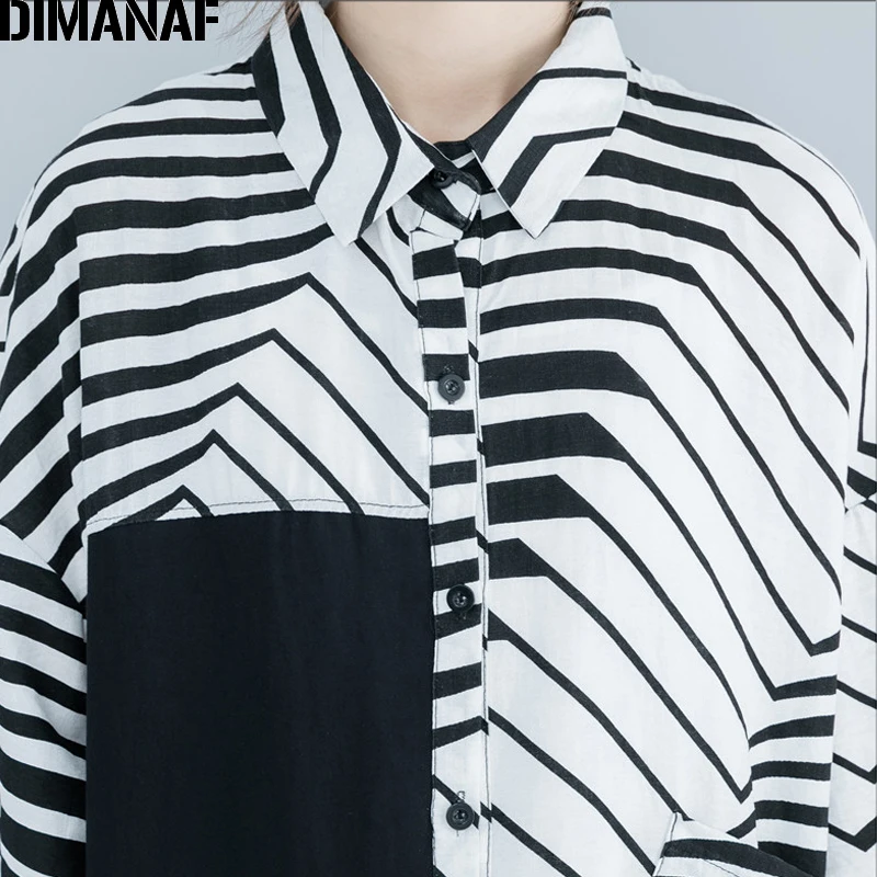 DIMANAF размера плюс женская блузка Рубашки Дамские топы Женская одежда Хлопок Лен Свободная Повседневная полосатая длинная рубашка кардиган Лето