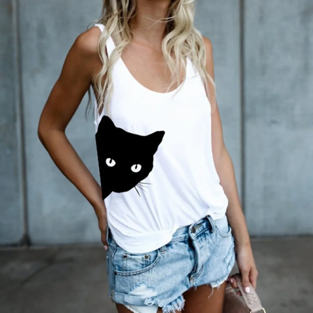 

2018 Febelle Fashion New Women Sister Shirt Cute Cat Printed Couple Summer Tank Tops Vest Fashion Crop Tops Women Clothes#280535