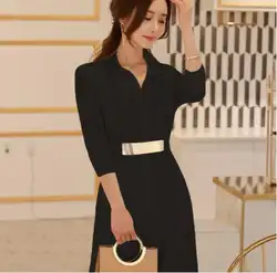 Бесплатная доставка, новое корейское однотонное тонкое шифоновое женское платье с v-образным вырезом и длинными рукавами