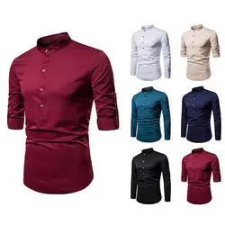 2018 высокое качество одноцветное Цвет Для мужчин Рубашка льняная Генри воротник большой Размеры одноцветное Цвет рубашка с длинными