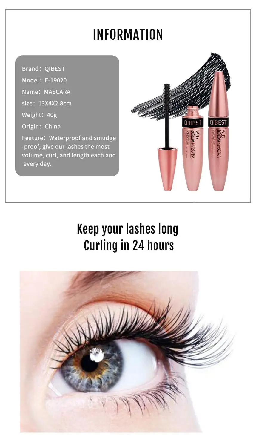 QIBEST 4D Silk Fiber Lash Mascara Waterproof Mascara for Eyelash Extension Black Thick Eye Lashes Curler Cosmetic