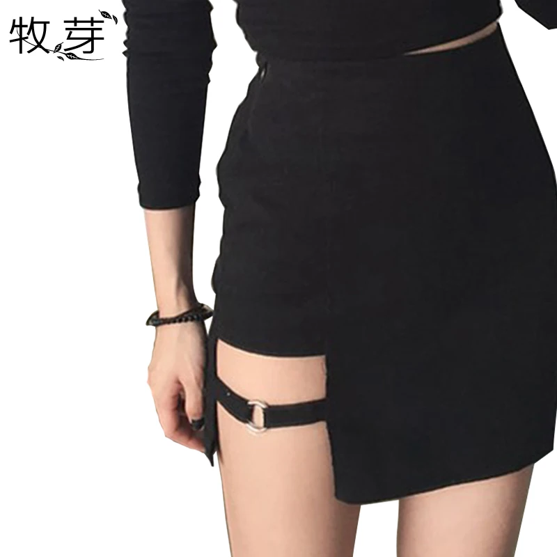 

2018 High waist Asymmetrical gap Slit mini skirt Seductive sexy lace up Tie Slim Tight Pencil Night Club Party Skirts