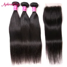 Aphro Brazilian Straight Hair Weave Bundles Natural Black Color 100% Non Remy Human Hair 3 Bundles With Lace Closure Free Part