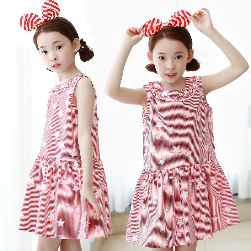 

girls dress summer 2017 star print summer spring children clothing pink mini sleeveless bow casual dress for teenage little girl