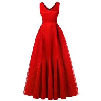 

Elegant Women V-neck Dress for Wedding Party Sleeveless Lace Spliced Pleated Swing Long Dress Formal Party Prom Ball Gown Dress