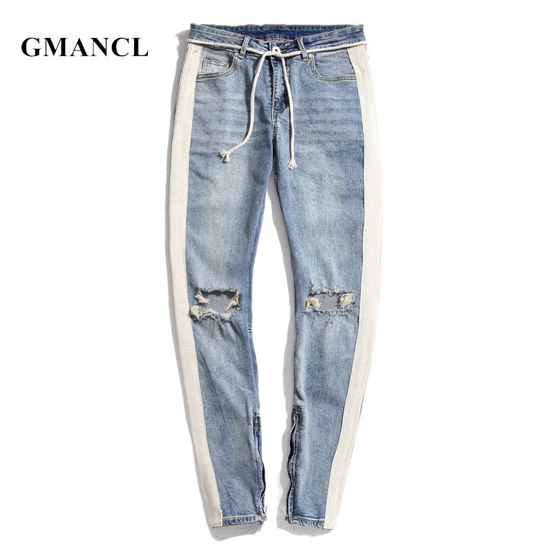 GMANCL Men New Streetwear Ripped skinny Jeans hip hop Men Side ...