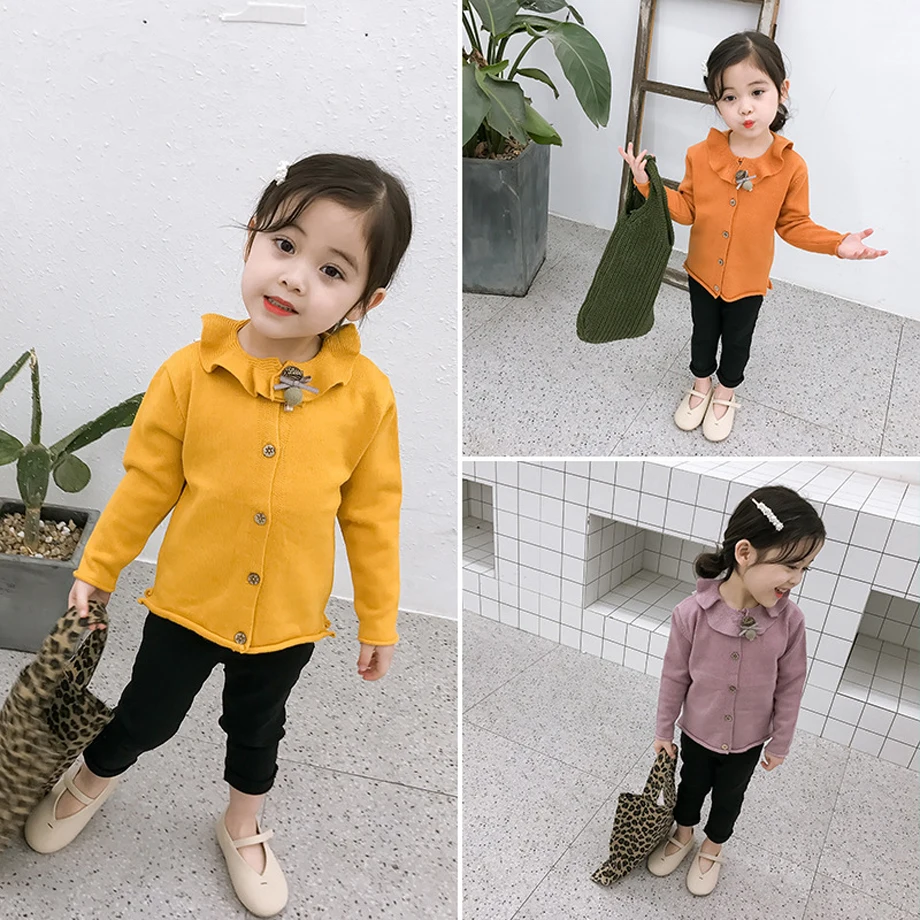 

2019 spring girl beading flower clothes cardigan sweaterr solidl knitted children's single breasted sweater for kids clothes