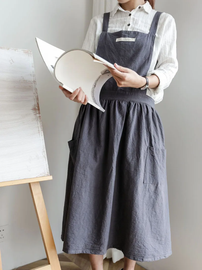 Women Dress Style Cotton Apron Kitchen Anti-fouling Waterproof Baking Painting Work Clothes Hotel Coffee Shop Customized Aprons  (11)