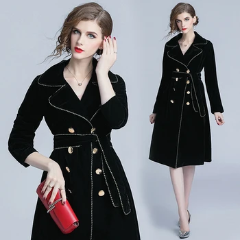 

Autumn Winter New Women's Windbreakers Raincoat Stylish Trench Coat For Women Outwear Gold Velvet Long Wind Coat Casaco Feminino