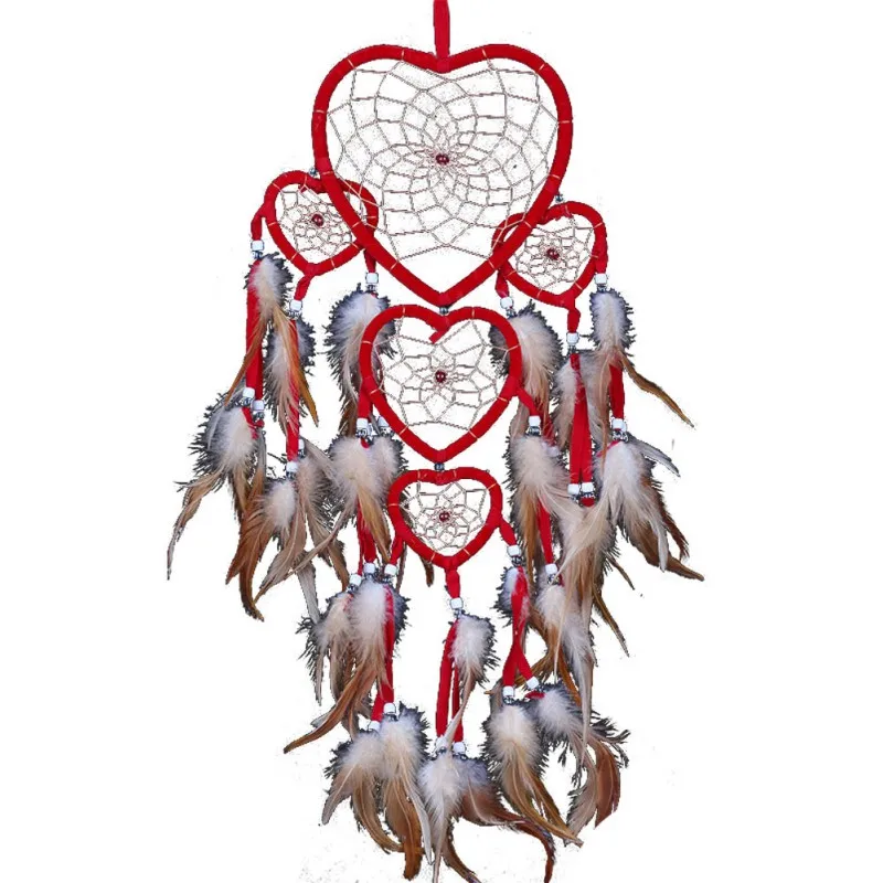 

Heart Dream Catcher Brown Red Wall Hanging With Feather Bead Ornament Decoration SZ