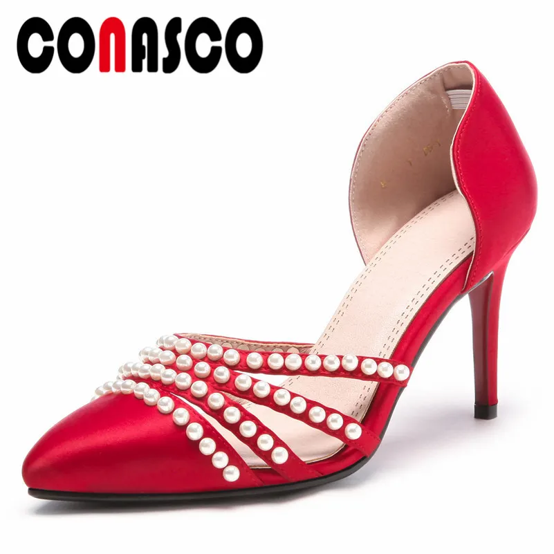 

CONASCO Fashion Women Pumps Beading Wedding Party Shoes Woman High Heels Brand Silk Night Club Dancing Shoes Ladies Pumps