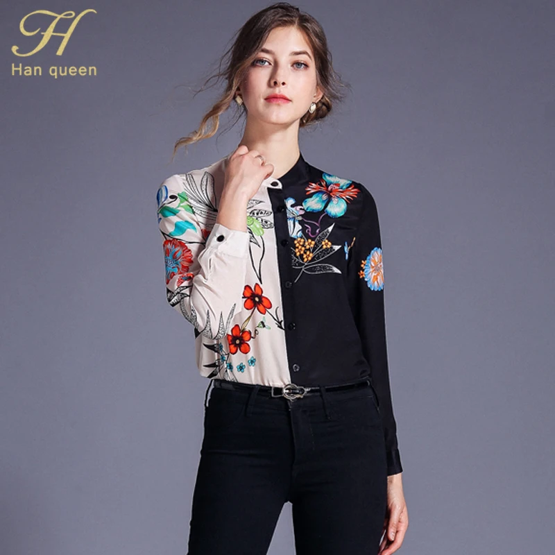 H Han Queen Patchwork Printed Contrast Color Shirts Women Summer Full Sleeve Blouses Vintage Stand Collar Work Wear Vestido