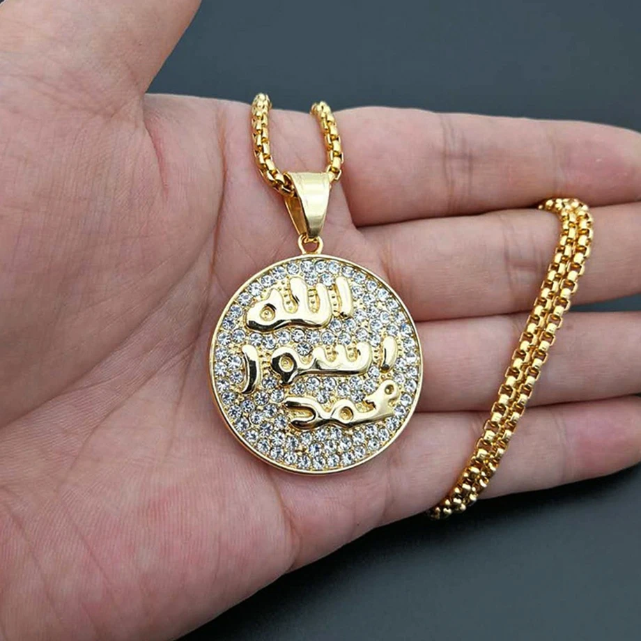 

Hip Hop Iced Out Round Allah Pendant Necklace Stainless Steel Islam Muslim Arabic Gold Color Prayer Jewelry