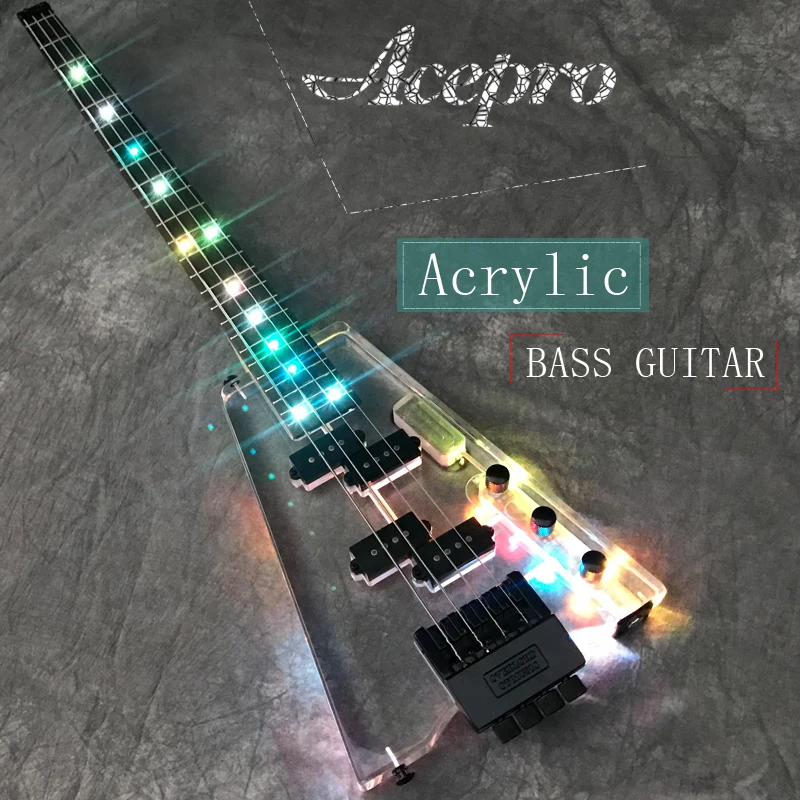 

In Stock Acrylic 4 string Headless Electric Bass guitarra, Fingerboard & transparent acrylic body with LED light, Healess Bass