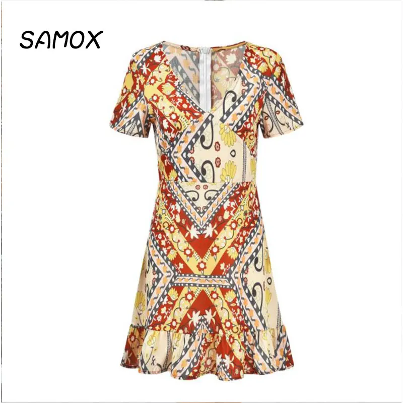 

JSMY 2019 New Summer Fashion Women Folk-custom V-neck Print Chiffon Dress