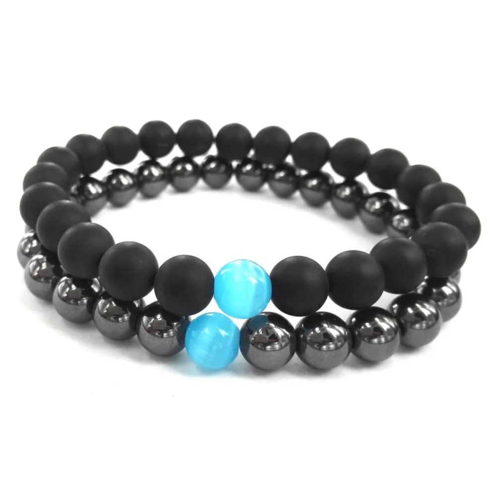 

2018 Blue Cats Eyes Natural Gunmetal Hematite Stone Men Hand Bracelet Black Matte Onyx Beaded Bracelets For Men Women Jewelry