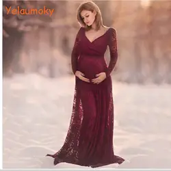 Длинные рукава V воротник беременности кружевное пляжное платье для беременных реквизит платья pregnanct для беременных свадебные одежды