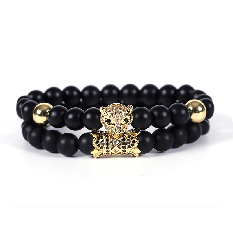 

2pc/sets Couple Bracelet CZ Leopard head Beads Jewelry Men Pulseira Pulseras Mujer Moda 2019 Punk Friends