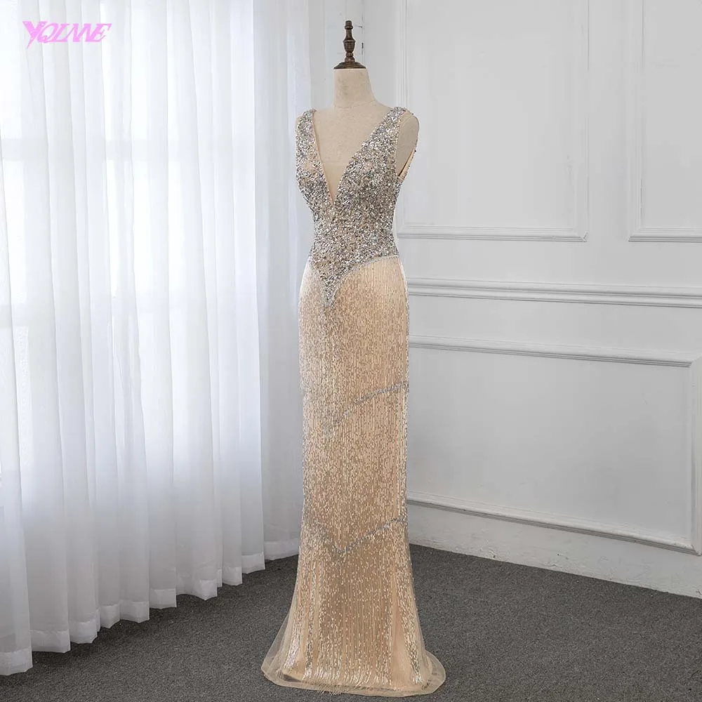 Luxury Deep V-neck Gold Crystals Evening Dress Long Beaded Mermaid Dress Formal Gown YQLNNE Luxury Deep V-neck Gold Crystals Evening Dress Long Beaded Mermaid Dress Formal Gown YQLNNE