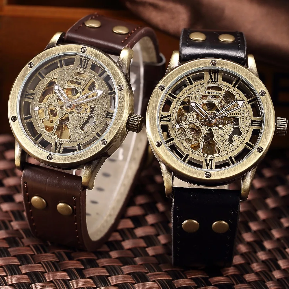 SHENHUA Bronze Automatic Skeleton Mechanical Watch Men Steampunk Retro Leather Analog Men's Wrist Watches Relogio Masculino