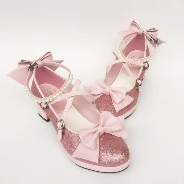 Womens-Shiny-Black-Silver-Sequin-Pumps-Bow-Strap-Cross-Pearl-Ankle-Strap-Princess-Lolita-Shoes-Custom-Tailor-Available- 22