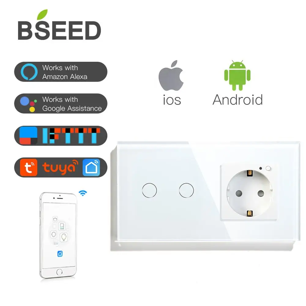 BSEED Smart Wifi Touch Switch 2 Gang 1 Way With EU Socket 3 Colors Crystal Glass Panel Work With Smart Life Tuya App