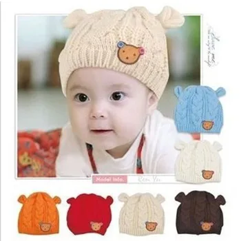 

Knitted Baby Hat with Ears Cartoon Label Bear Animal Hats for Kids Solid Christmas Baby Girl Winter Hat Warm Toddler Hat Beanies