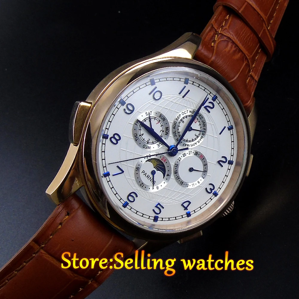 

Parnis watch 44mm golden color case White dial Silver hands Moon Phase Multifunction Automatic Self-Wind movement Men's watch