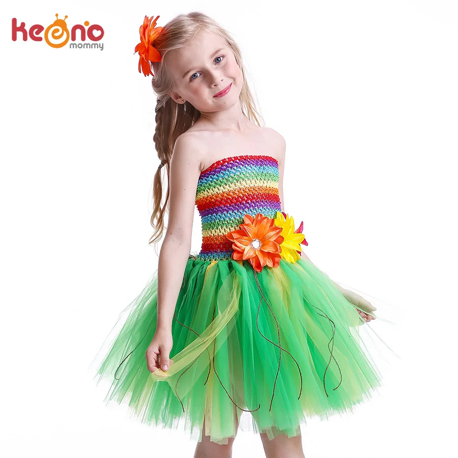 Радужное Гавайское платье-пачка Luau для девочек, вечерние наряды для дня рождения, детское летнее платье с цветами, аксессуары для волос
