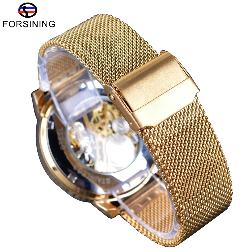 Mechanical Watch Forsining Transparent Case 3D Engraving Men Luxury Skeleton Wrist Watch
