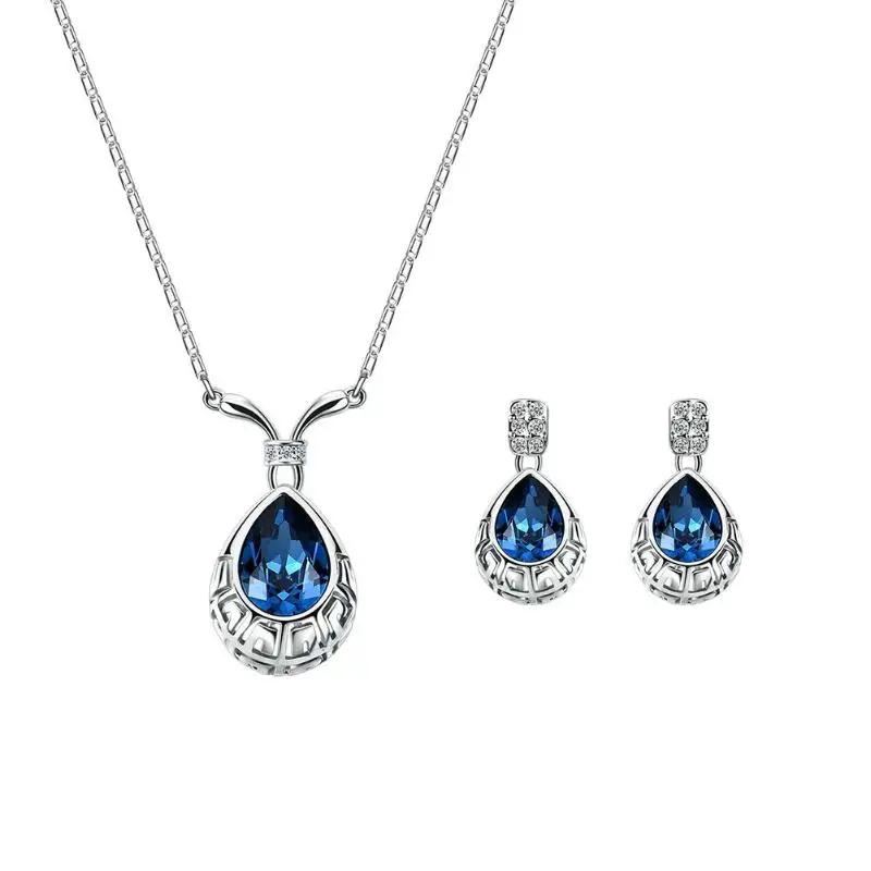 

2018 New Fashion Women Jewelry Set Geometric Blue Zircon Water Drop Stud Earrings Necklace Wedding Jewelry Set for Women Gift