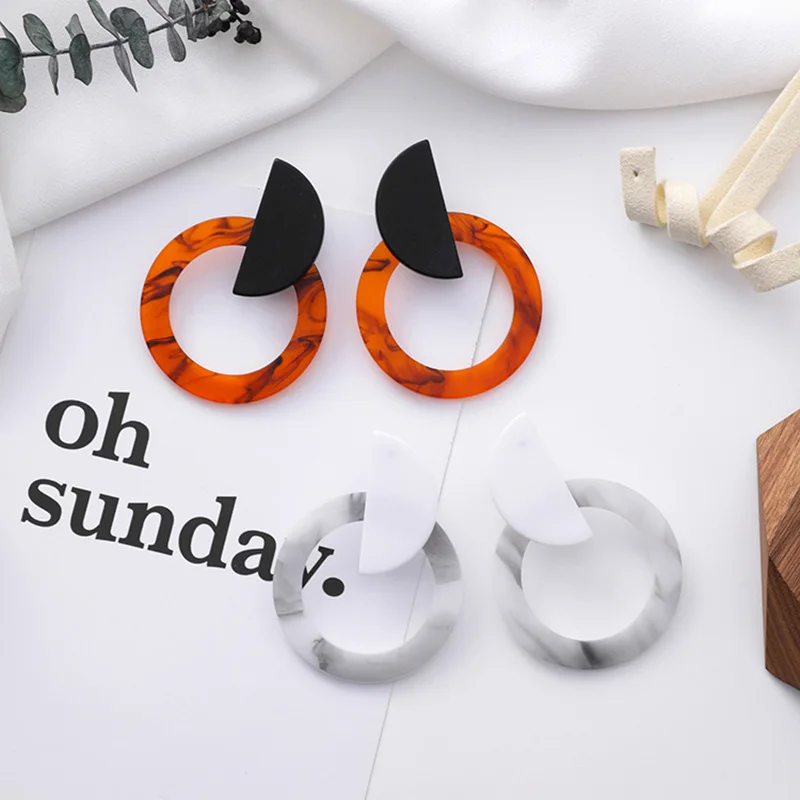 Vintage Marble Semicircle Geometric Loop Resin Acrylic Drop Earring For Women Ladies MInimalism Big Circle Statement | Украшения и