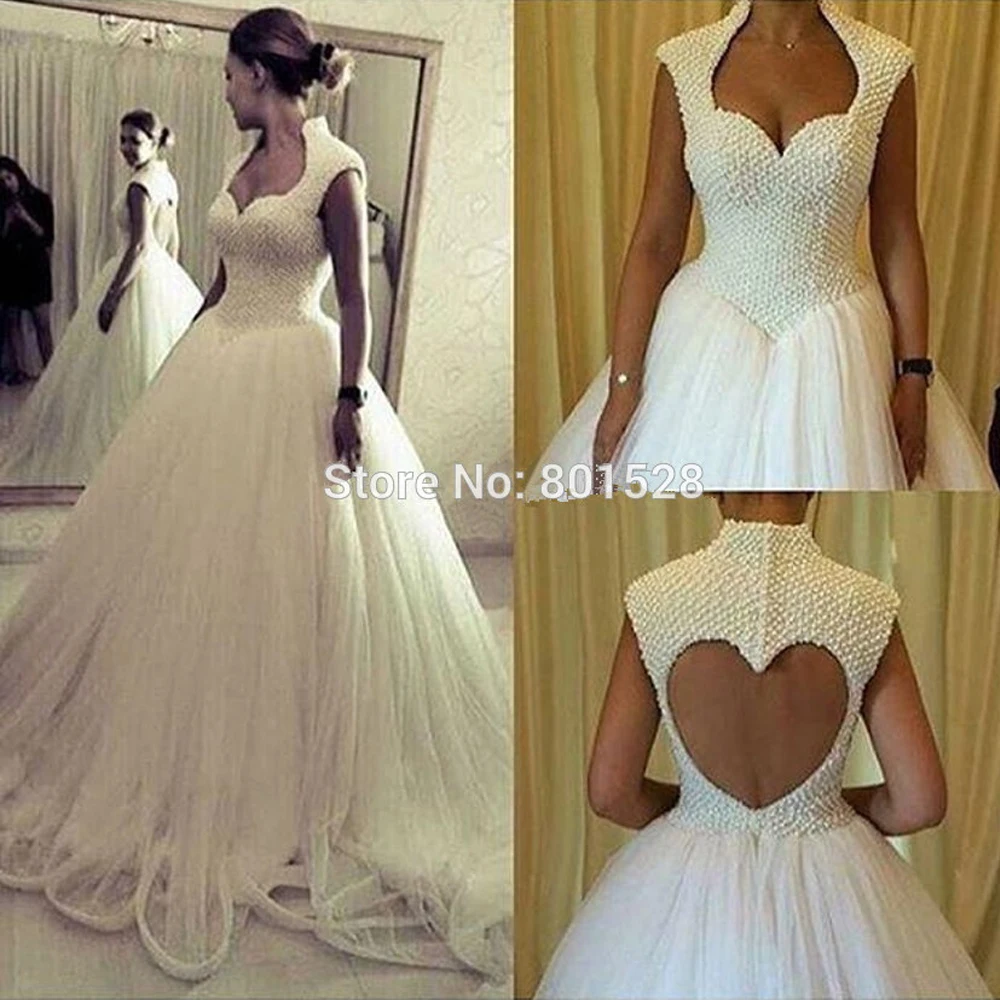 

Luxury Heavy Pearls Ball Gown Wedding Dress 2019 Romantic Heart Backless Long Bridal Gown Customize Sweetheart Tulle Bride Dress