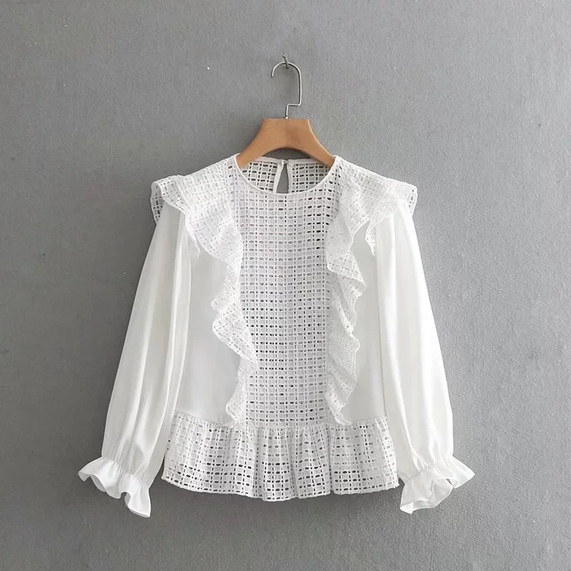 

Hollowing Embroidery Ruched Smock Women Lantern Sleeve Blouses Casual Round neck Shirt Fashion White Tops Chemise S5197