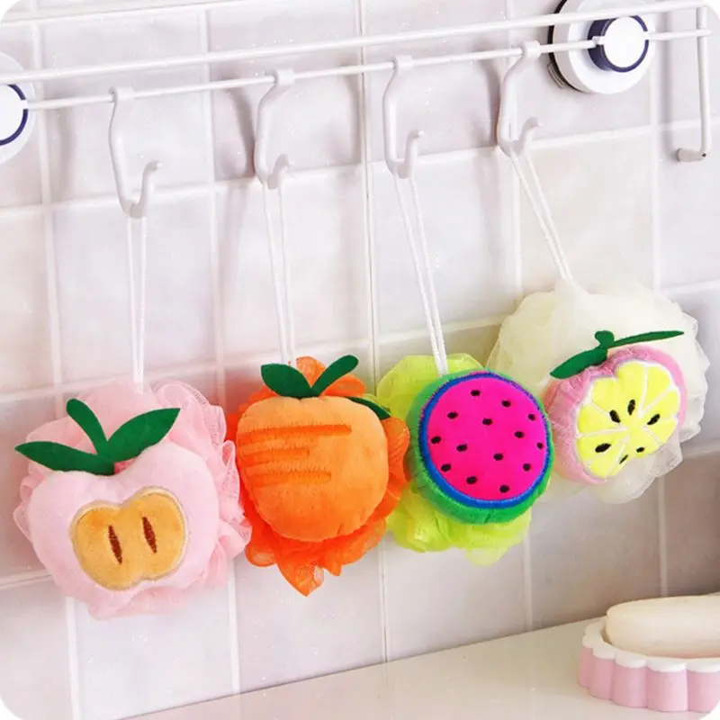 

Child Adult Cute Colorful Cartoon Fruit Shape Plush Mesh Bath Ball Body Cleansing Soft Shower Sponge Brush With Hook Bathroom