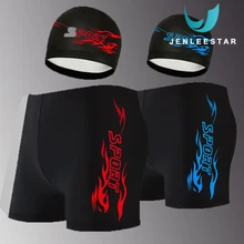 Мужские пляжные шорты для плавания+ шапочка для плавания, набор боксеров, шорты для спа, быстросохнущие дышащие плавки с надписью, летняя одежда для плавания с рисунком пламени