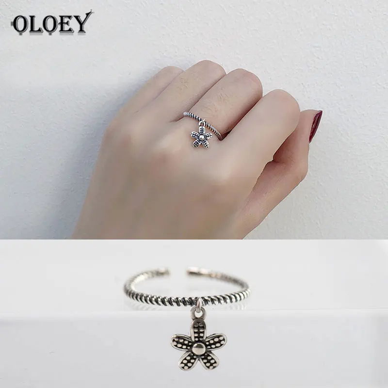 

OLOEY 100% Real 925 Sterling Silver Rings for Women Vintage Simple Open Adjustable Flower Ring Fine Jewelry New Arrival YMR209